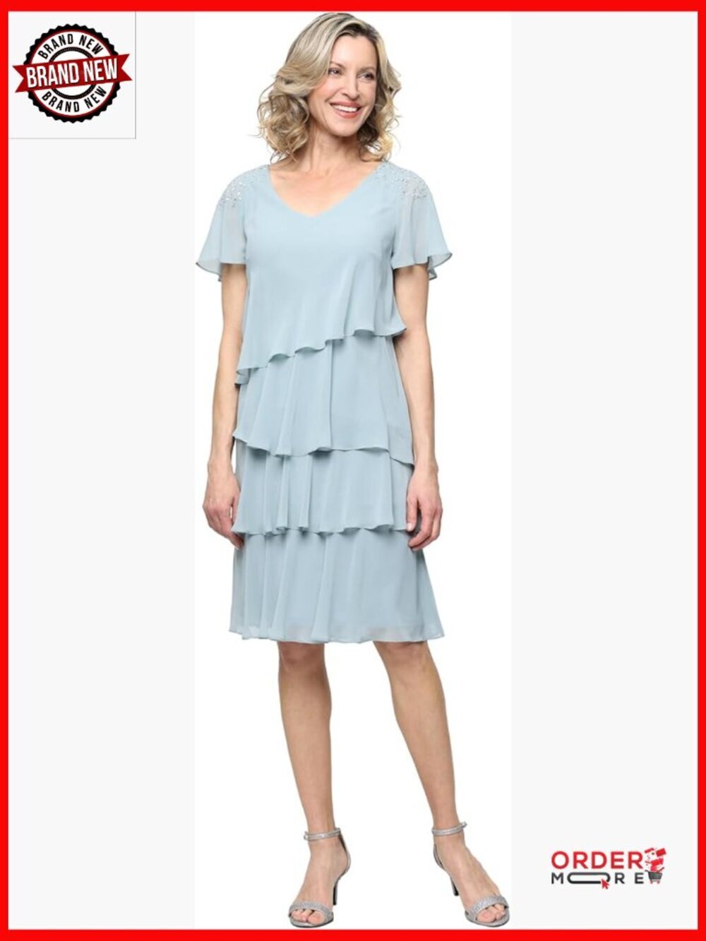 V-Neck Chiffon Cocktail Dress with Beaded Shoulders and Asymmetrical Tiers